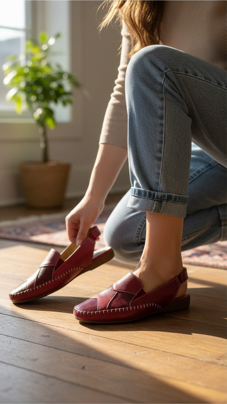 Sandales Frippindealz LIBRA POP en cuir rouge avec surpiqûres blanches et bride arrière, portées avec un jean
