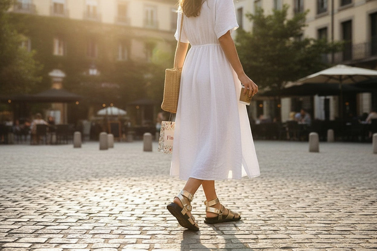 Femme portant des sandales dorées Frippindealz en cuir synthétique avec brides croisées et semelle crantée noire