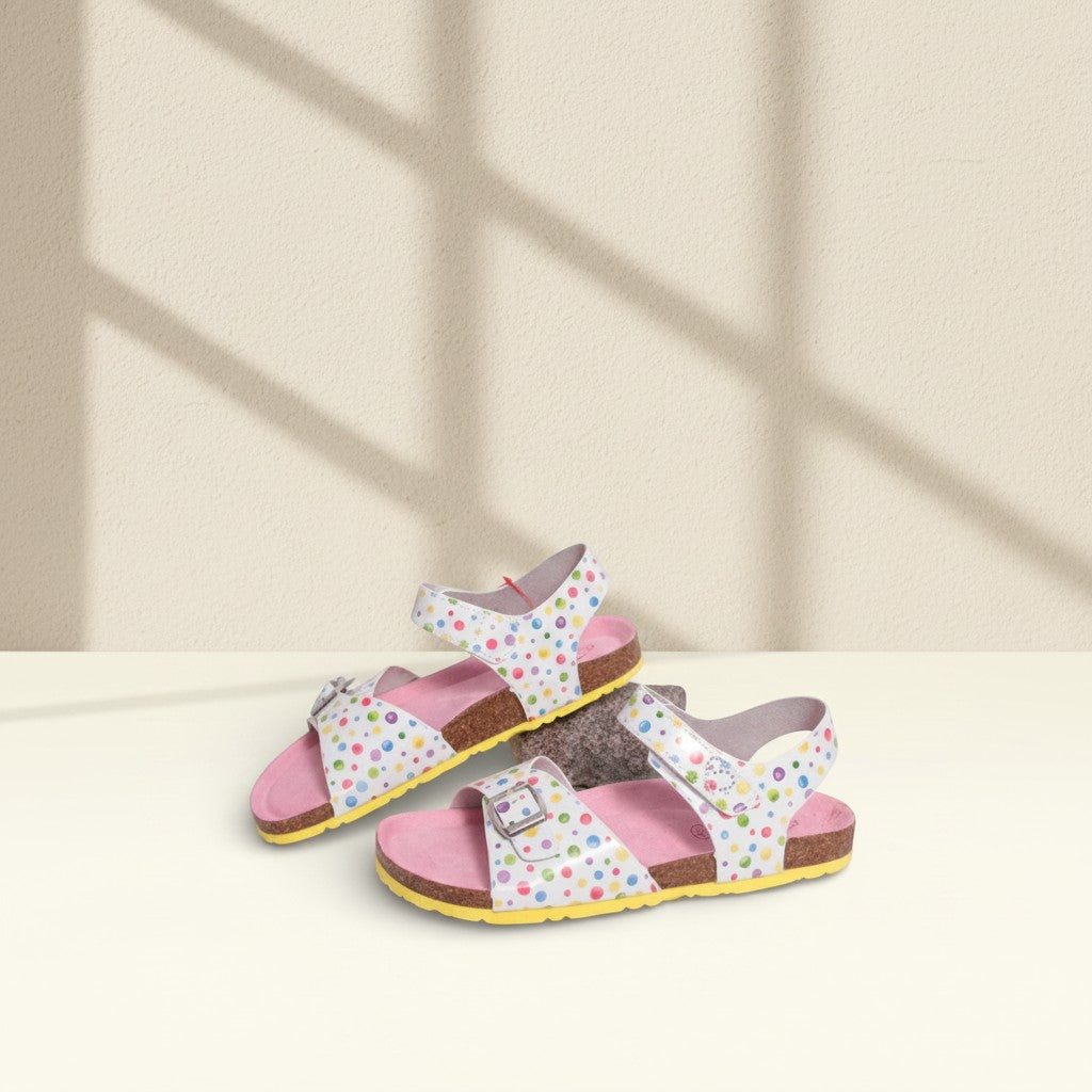 Sandales enfant Frippindealz Balducci blanches à pois multicolores avec semelle intérieure rose et fermeture à boucle