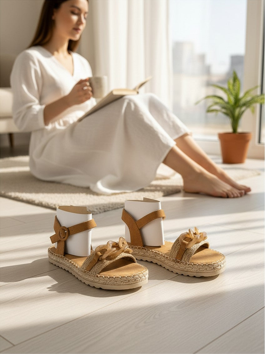 Sandales espadrilles Frippindealz XTI crème à plateforme, bride ajustable et détail maillon, posées sur un sol clair.