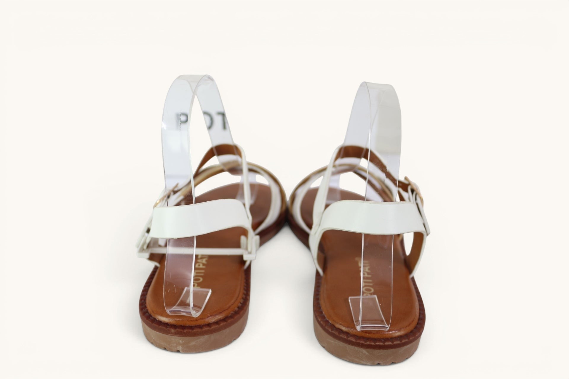 Sandales femme Frippindealz Poti Pati blanches et camel avec brides dorées et bride arrière réglable
