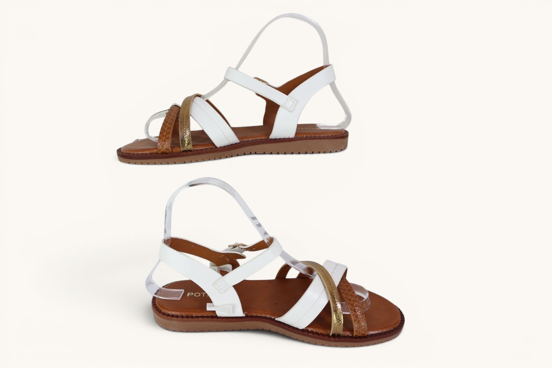 Sandales femme Frippindealz Poti Pati blanches, camel et dorées avec brides croisées et bride arrière réglable