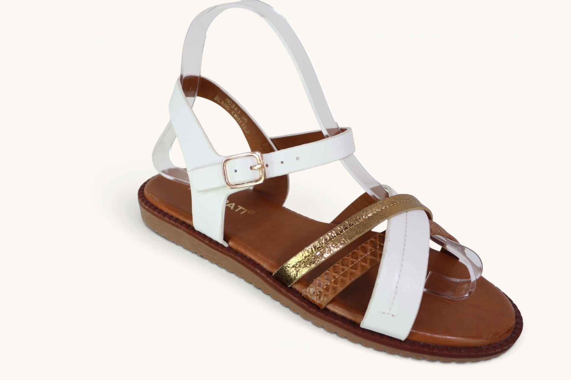 Sandales femme Frippindealz Poti Pati blanches et dorées avec brides croisées et semelle plate camel