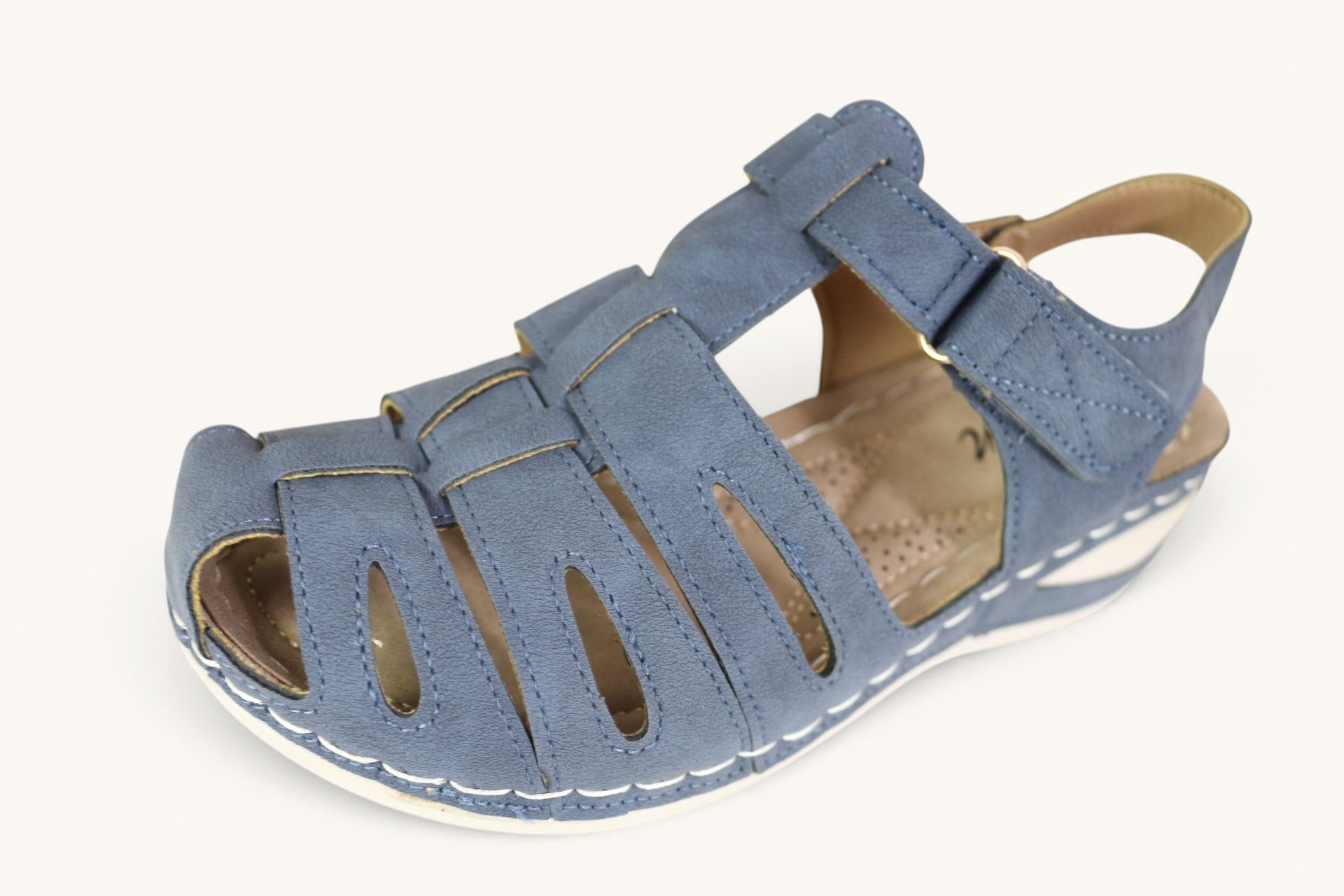 Sandales confort Frippindealz bleu marine pour femme avec design ajouré, bride auto-agrippante et semelle compensée