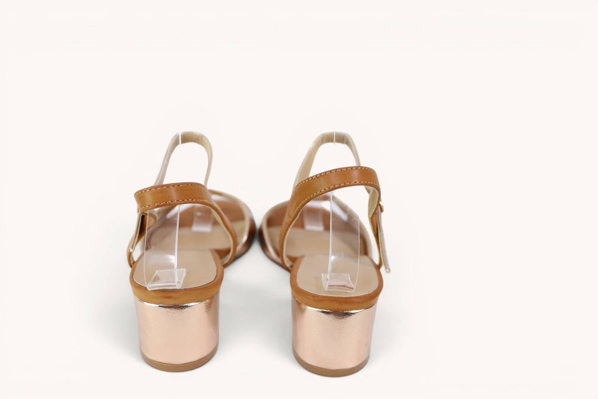 Sandales femme Frippindealz Poti Pati camel et doré rosé avec talon bloc stable et bride ajustable à la cheville