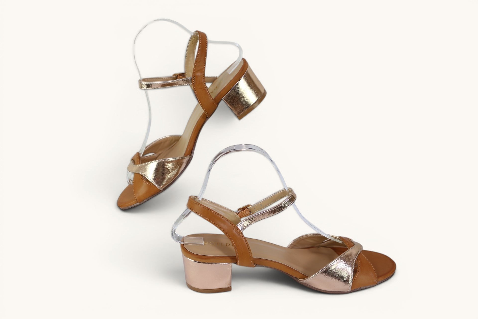 Sandales femme Frippindealz Poti Pati camel et doré rosé avec talon bloc et bride ajustable élégante