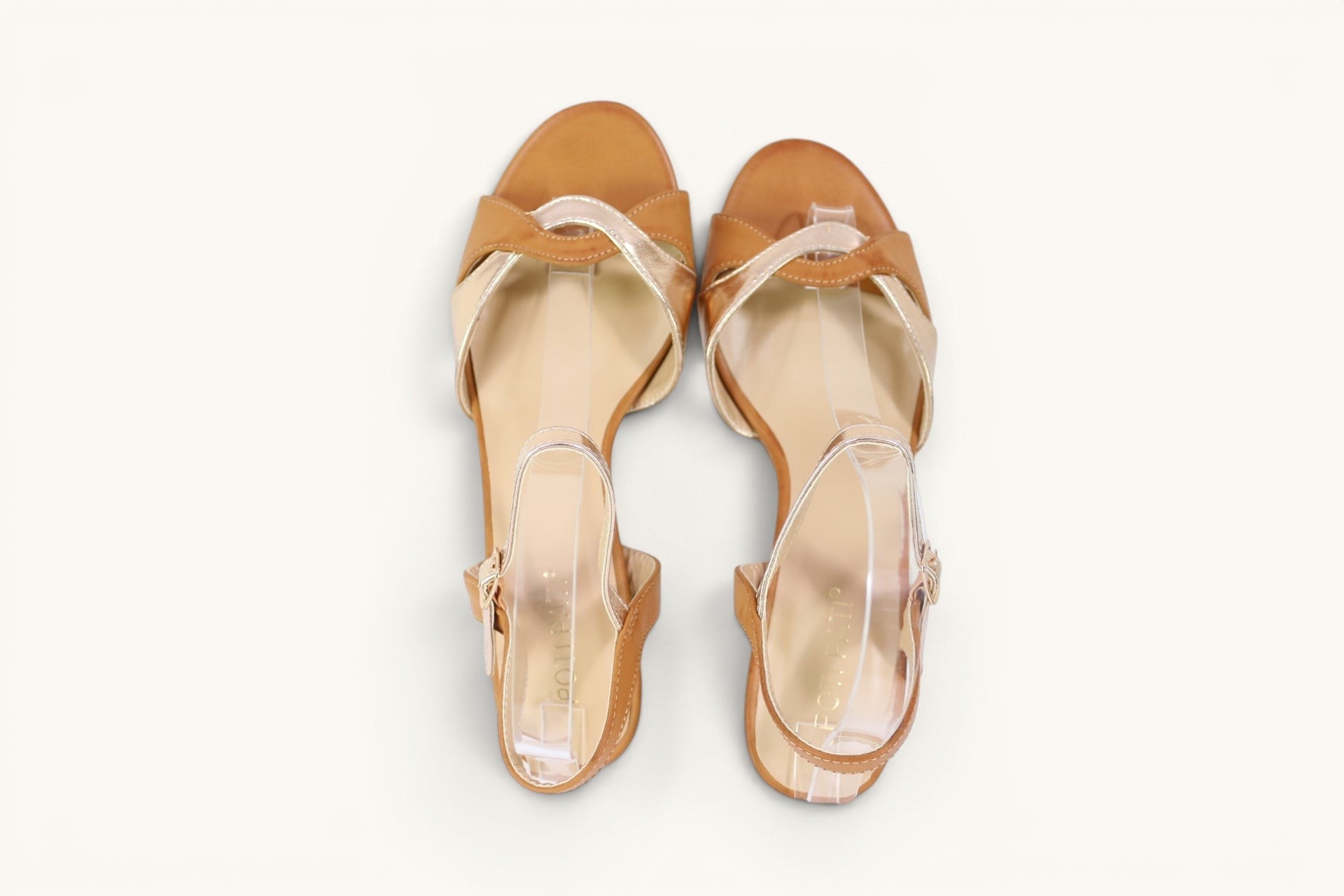 Sandales femme Frippindealz Poti Pati camel et doré rosé avec talon bloc et détail entrelacé sur le dessus