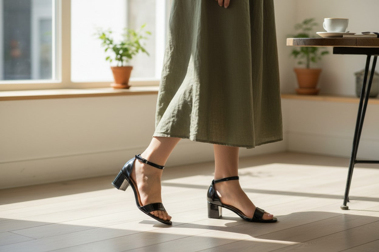 Sandales femme Frippindealz Poti Pati noires à talon bloc et bride cheville portées avec une robe mi-longue