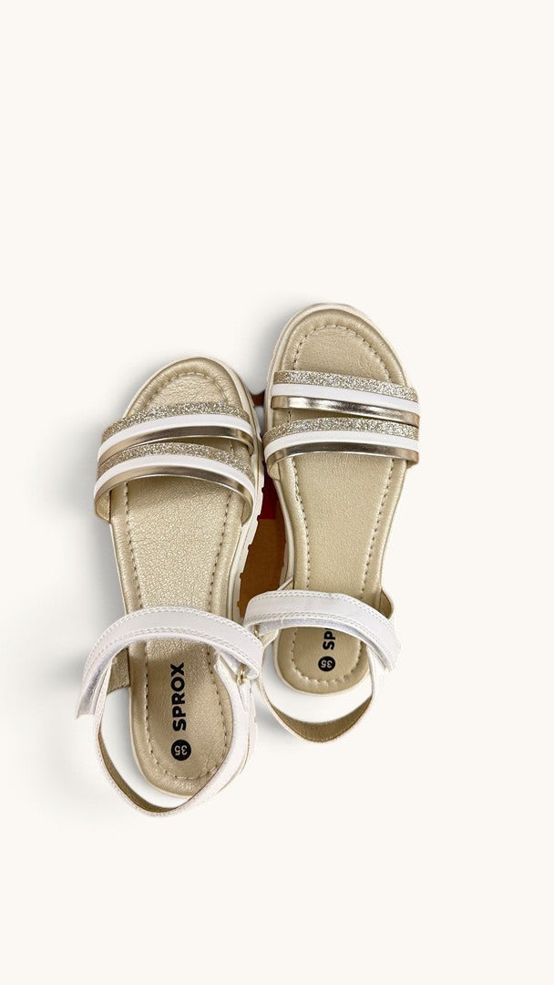 Sandales Frippindealz Sprox pour fille en cuir synthétique blanc et doré avec brides pailletées et fermeture scratch