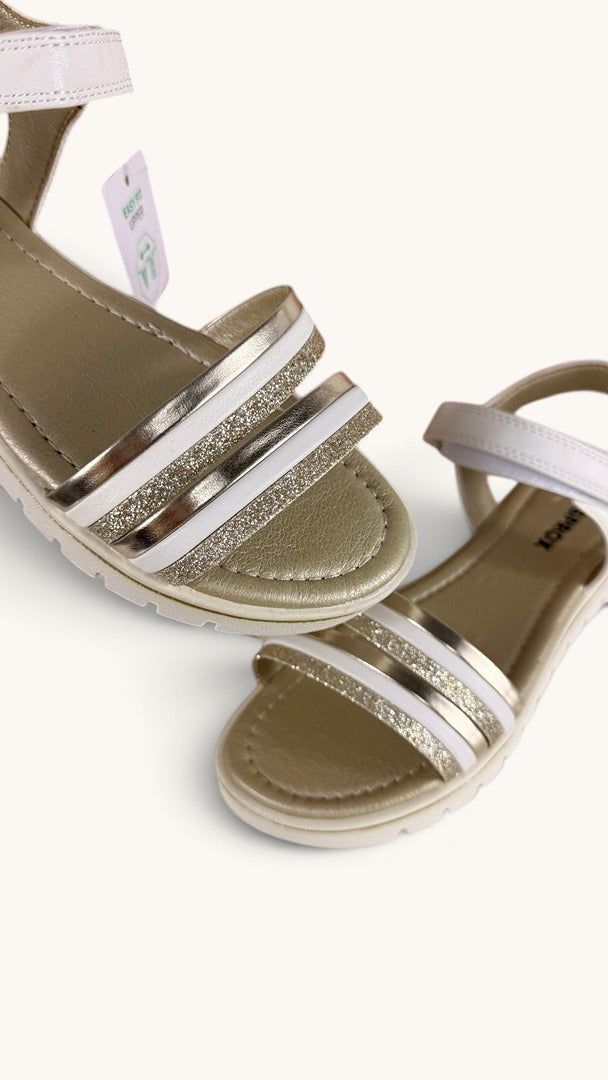 Sandales fille Frippindealz Sprox blanches et dorées à paillettes avec fermeture scratch et semelle crantée