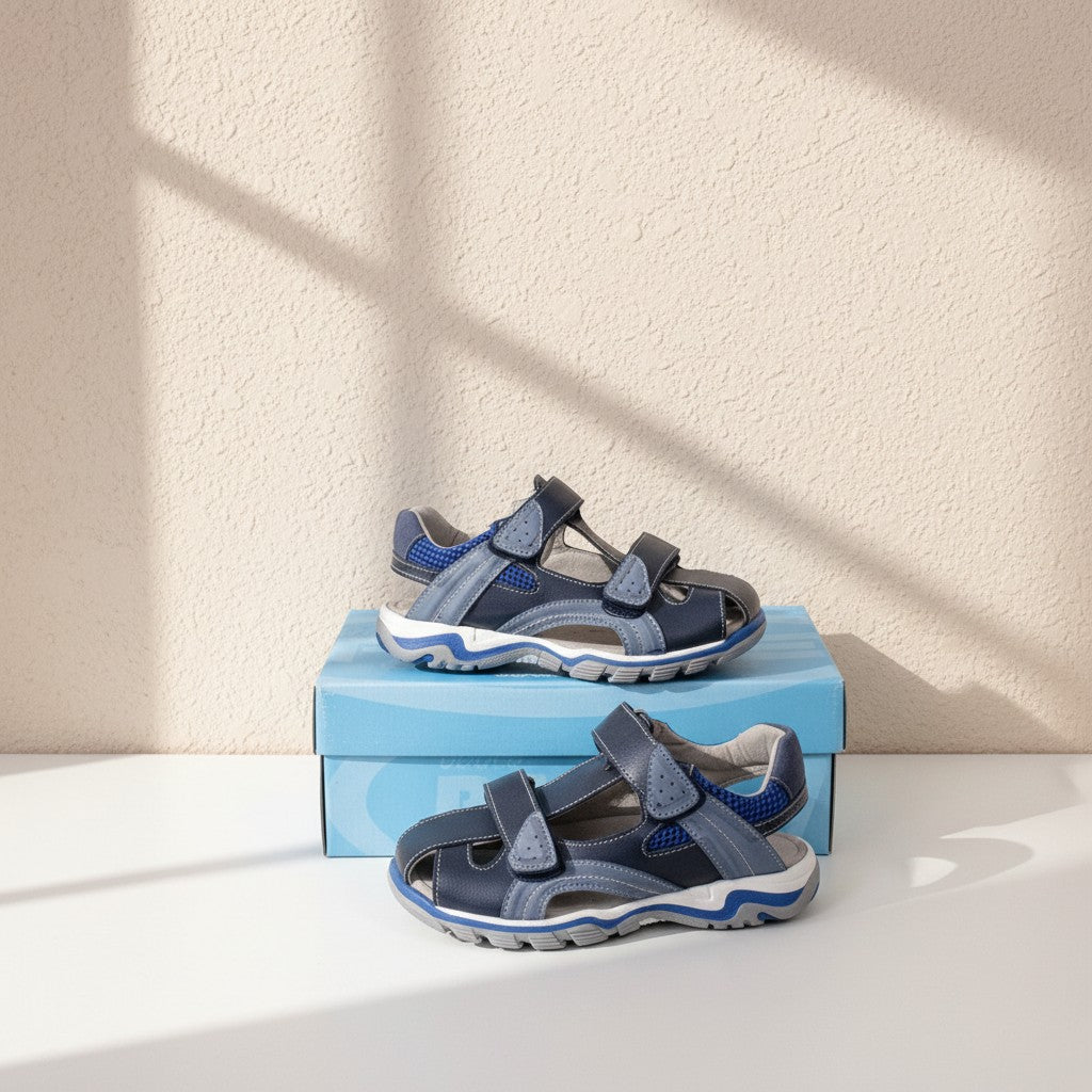 Sandales garçon Frippindealz Pavle Footwear en cuir bleu marine avec brides auto-agrippantes et semelle crantée