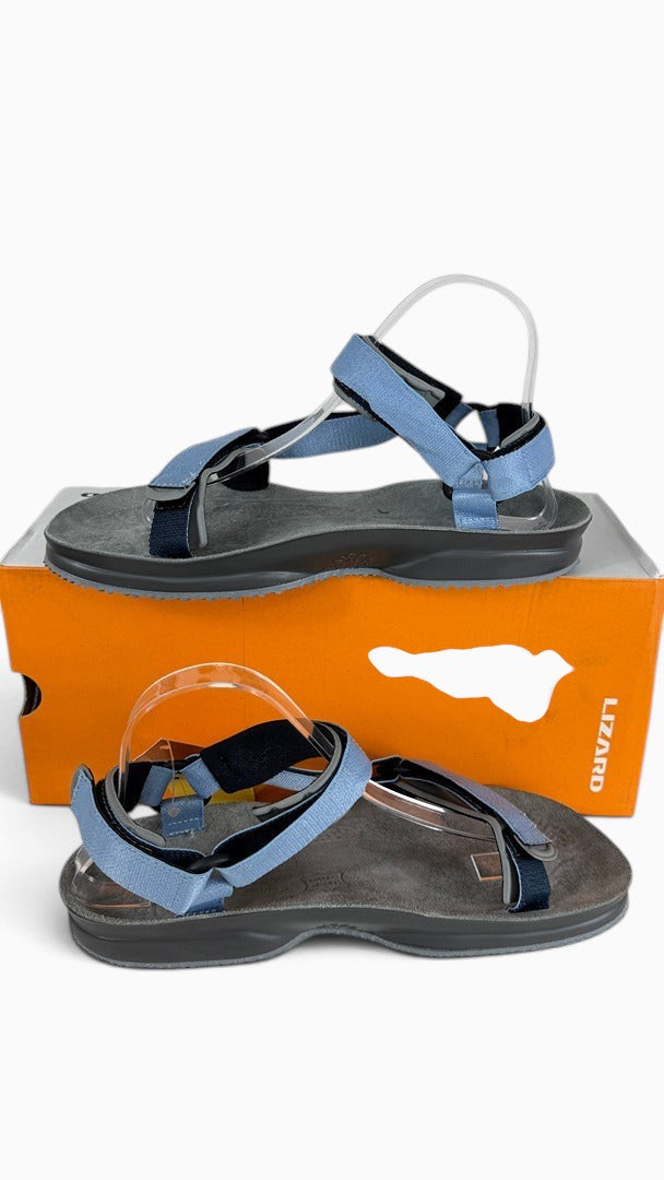 Sandales de randonnée Frippindealz LIZARD Super Hike bleu clair et gris avec semelle en cuir et brides ajustables