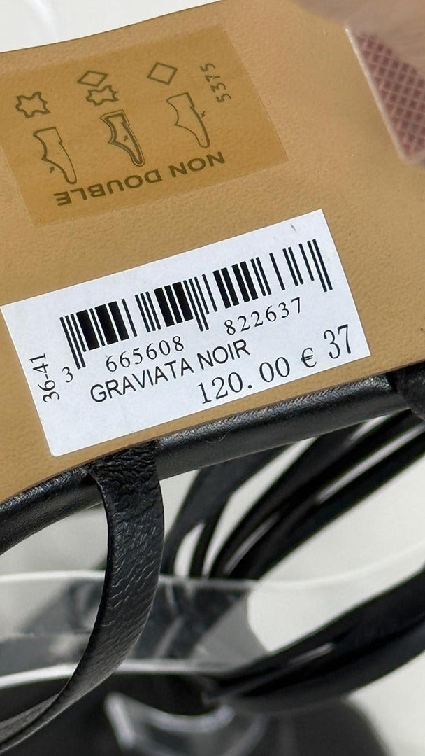 Étiquette de prix Frippindealz sur sandales Minelli Graviata en cuir noir avec code-barres et taille 37