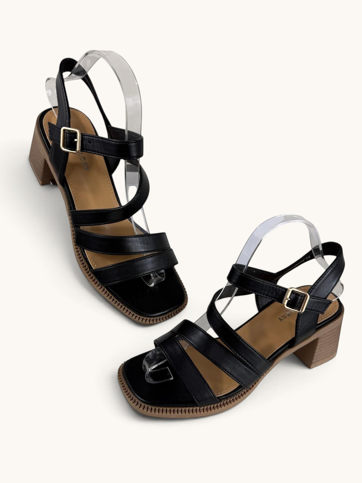 Sandales Frippindealz Lady Glory noires en cuir synthétique avec brides, bout carré et talon bloc aspect bois