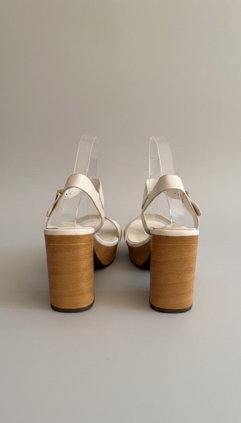 Sandales Marquiiz écrues en cuir synthétique avec talon effet bois de 10 cm et boucle dorée. Style plateforme rétro.