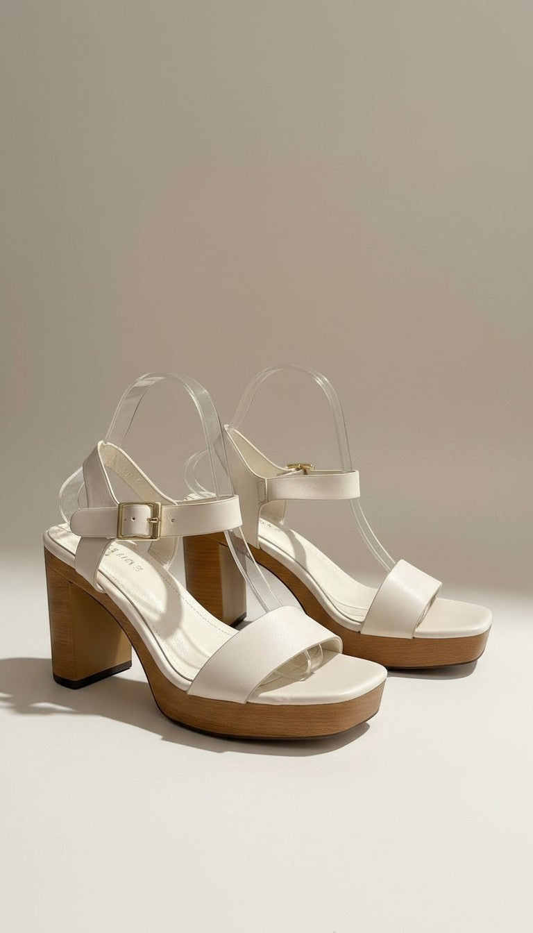 Sandales Marquiiz écrues en cuir synthétique avec talon effet bois de 10 cm et boucle dorée. Style plateforme rétro.