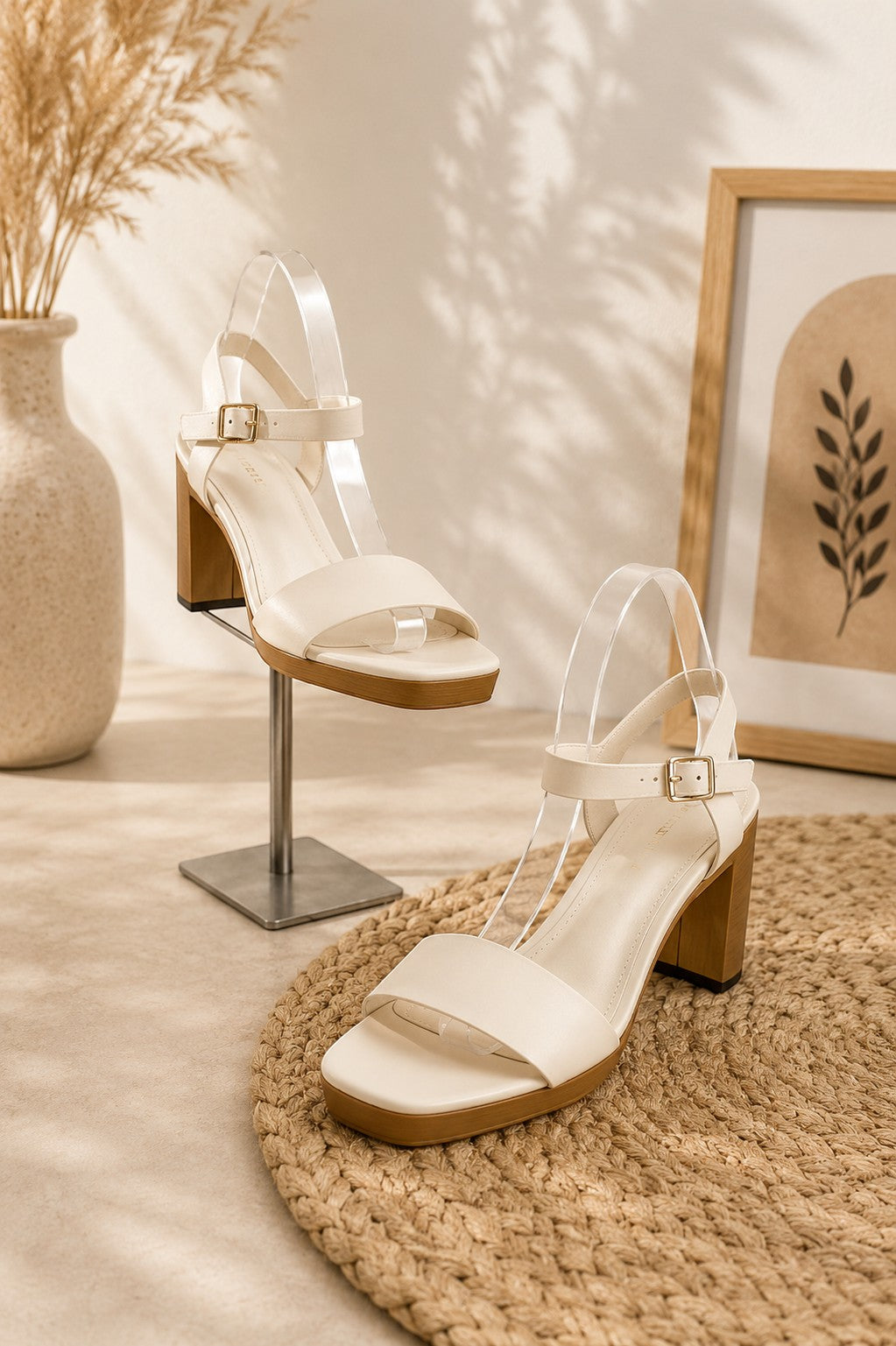 Sandales Marquiiz écrues en cuir synthétique avec talon bloc effet bois de 10 cm et boucle dorée. Style plateforme rétro.