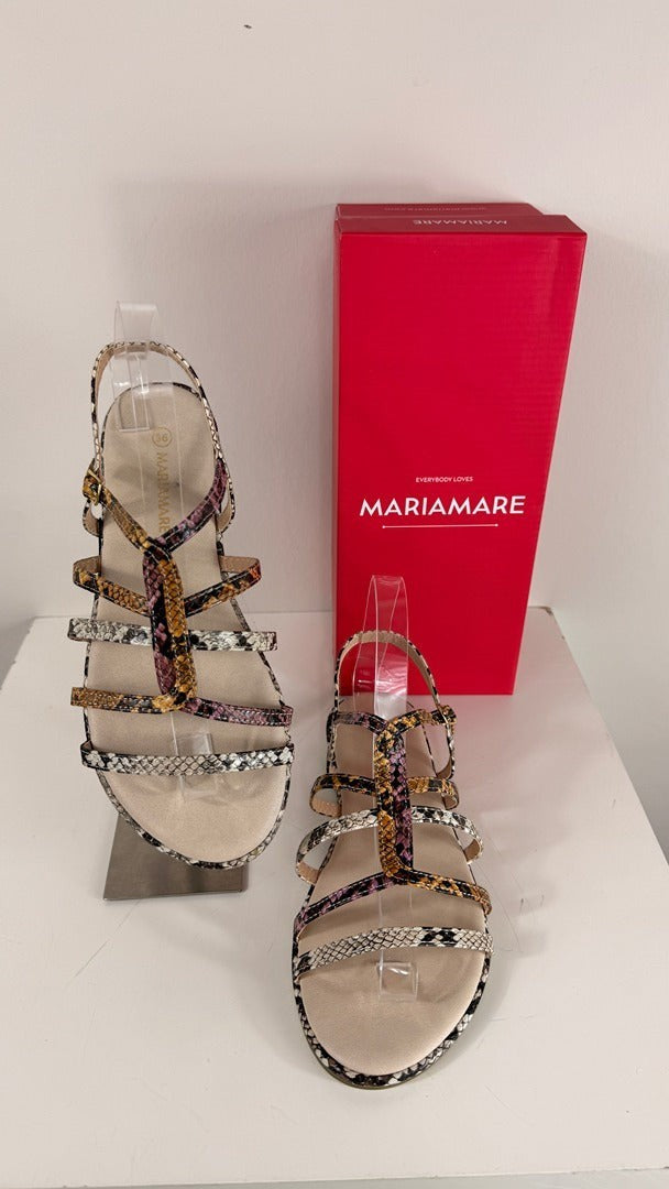 Sandales plates Frippindealz Mariamare à fines lanières entrelacées, motif python multicolore et boucle dorée