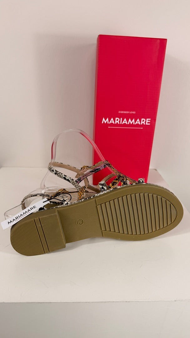 Sandales plates Frippindealz Mariamare à motif python multicolore avec semelle marron et bride réglable