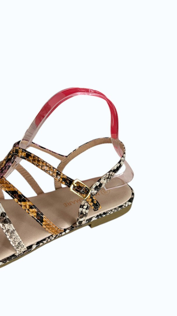 Sandales plates Frippindealz mariamare à lanières entrelacées motif python multicolore et boucle dorée