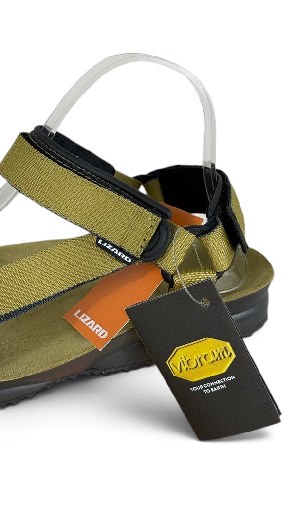 Sandales de randonnée Frippindealz Lizard Super Hike kaki en cuir avec semelle Vibram et étiquettes d'origine