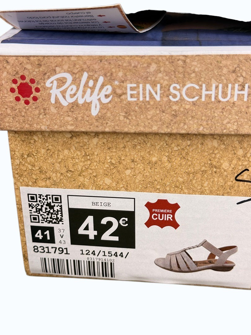 Boîte de chaussures Frippindealz avec sandales Relife beige en cuir, ornées de strass, taille 41