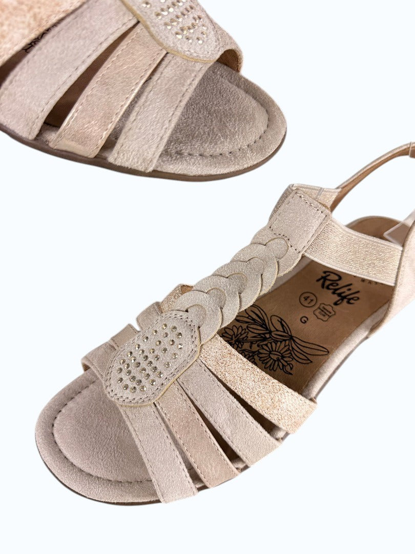 Sandales Frippindealz Relife beiges en cuir avec brides tressées, strass brillants et semelle intérieure confortable