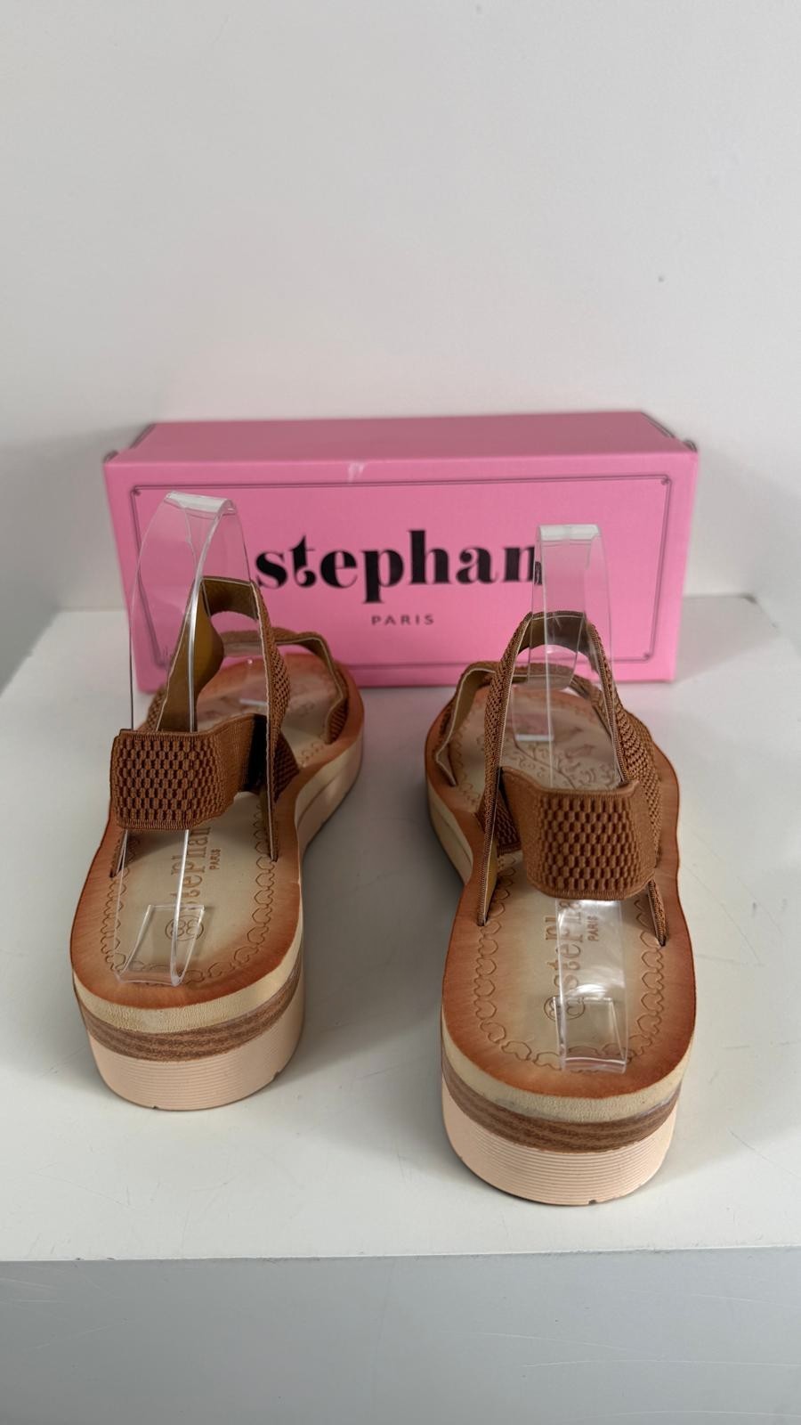 Sandales compensées Frippindealz Stephan en textile élastique camel avec semelle bicolore et détails floraux