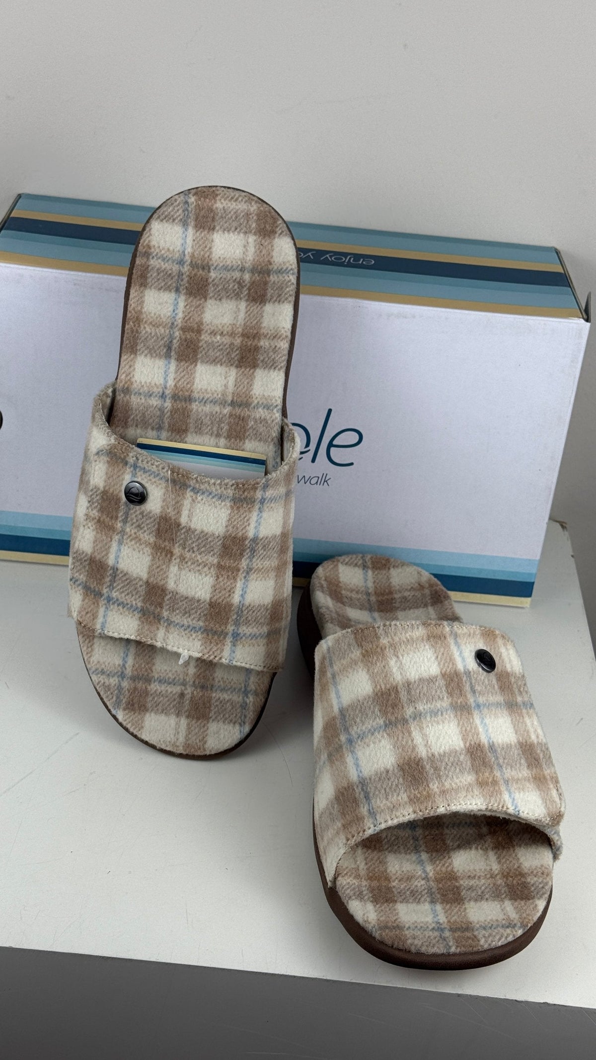 Sandales Frippindealz Strole Den Tartan beige et marron à motif écossais avec semelle confortable et boîte d'origine