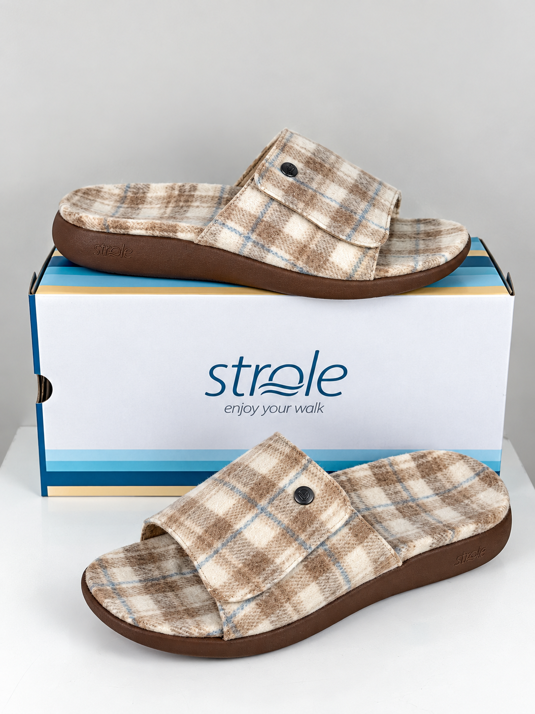 Sandales Frippindealz Strole Den Tartan beige et marron à motif écossais avec semelle confortable et boîte d'origine