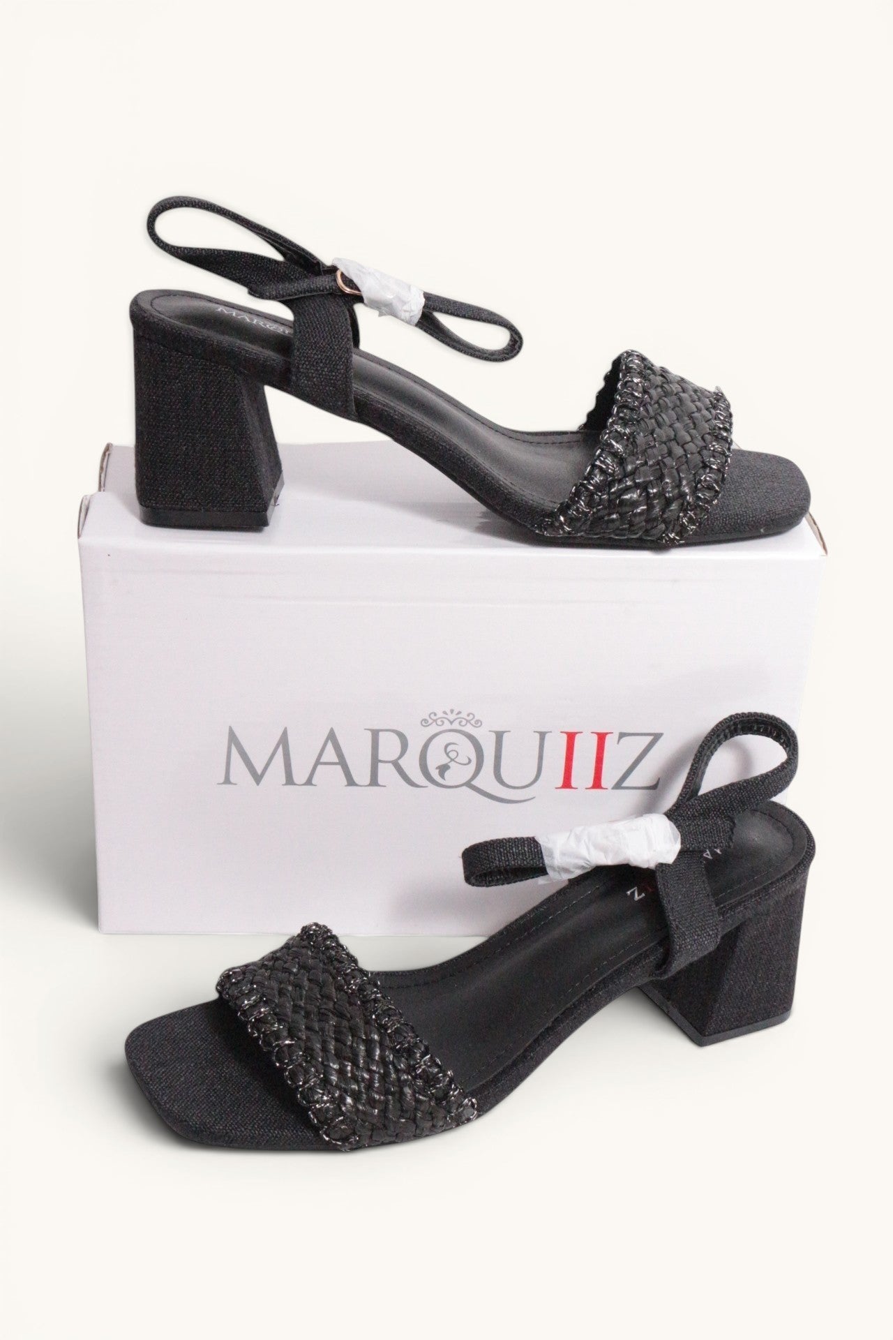 Sandales à talon Frippindealz Marquiiz noires en matière synthétique tressée avec bride arrière et talon bloc 6.5cm