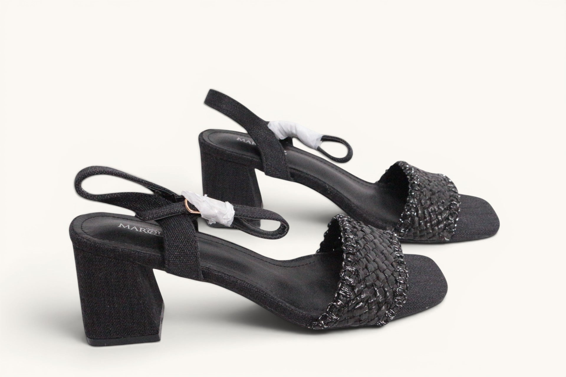 Sandales à talon Frippindealz Marquiiz noires en matière synthétique avec bride arrière et bout carré tressé