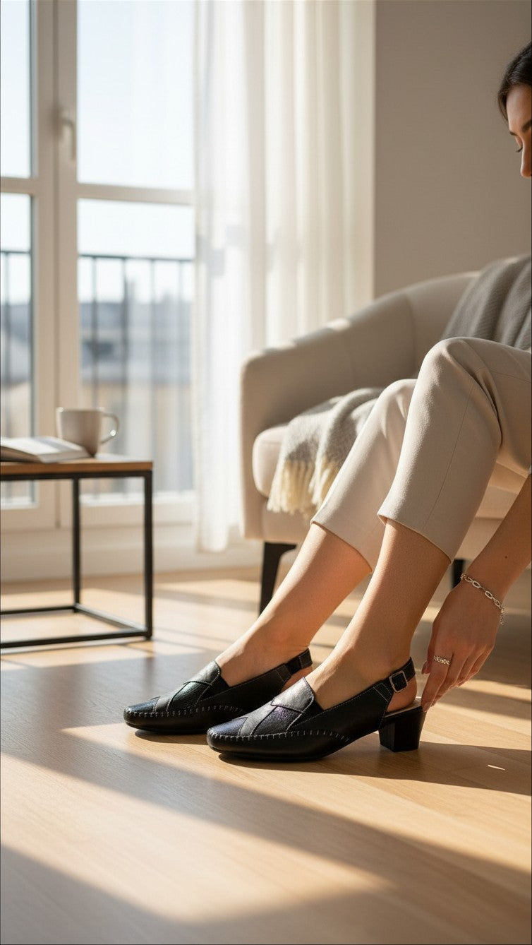 Sandales à talons Frippindealz LIBRA POP noires en cuir avec bride arrière et coutures apparentes portées par une femme
