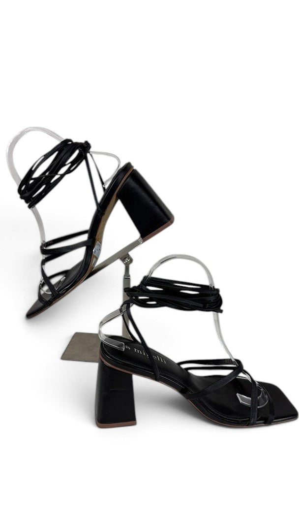 Sandales à talons Frippindealz Minelli Graviata en cuir noir avec bout carré et lanières à nouer à la cheville