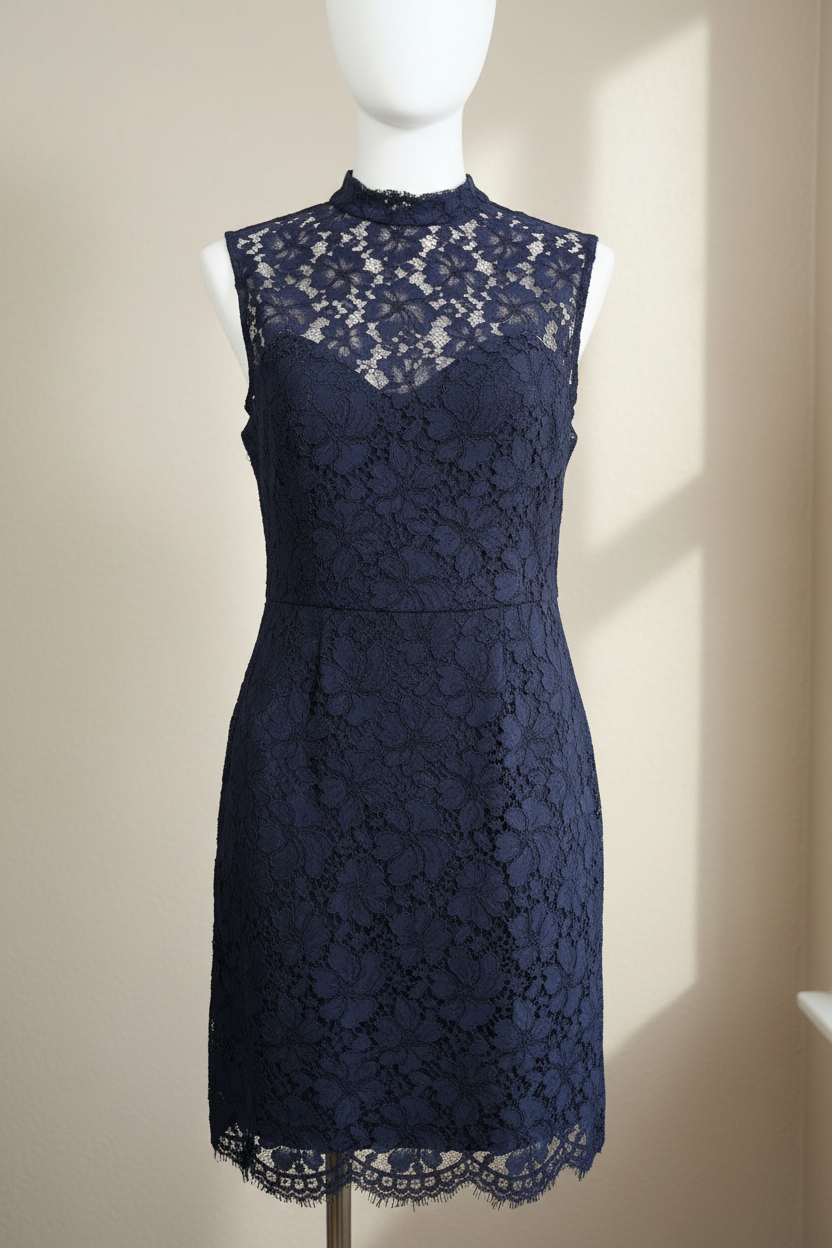 Robe mi-longue Frippindealz en dentelle bleu marine avec col montant et coupe sans manches sur mannequin