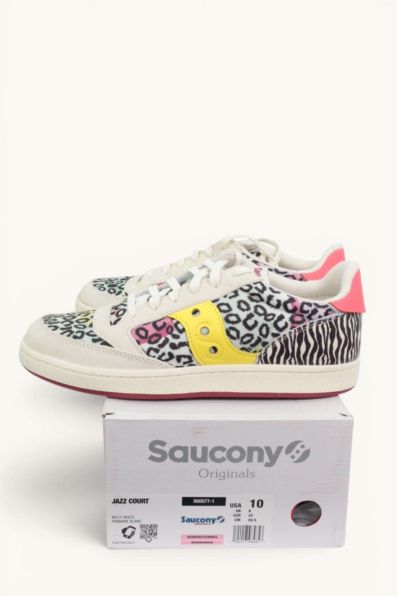 Baskets Frippindealz Saucony Jazz Court multicolores en cuir avec motifs léopard et zèbre et détails rose vif