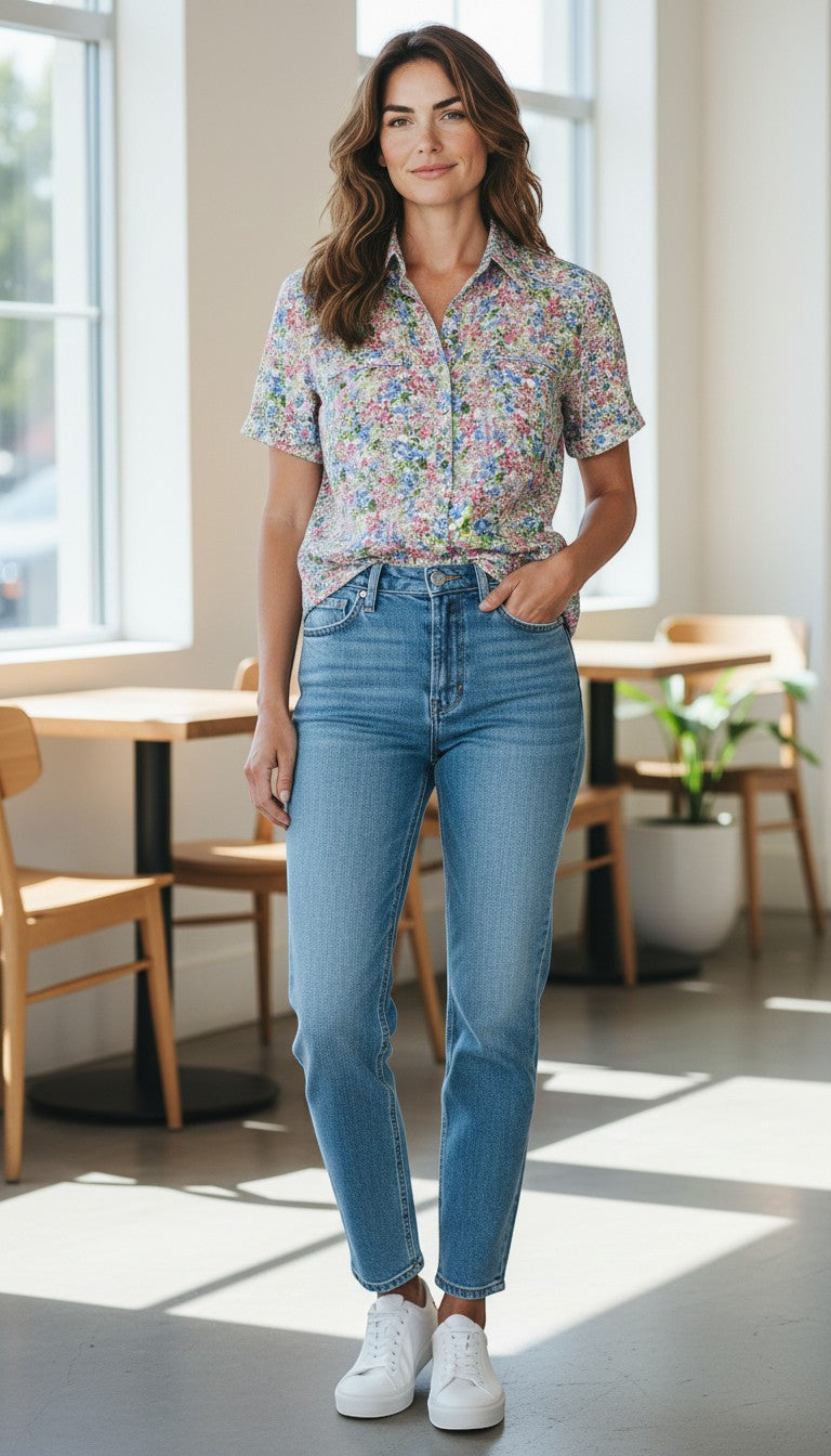 Frippindealz Scottage viscose short-sleeve collared shirt with a green, white, pink, and blue floral print.