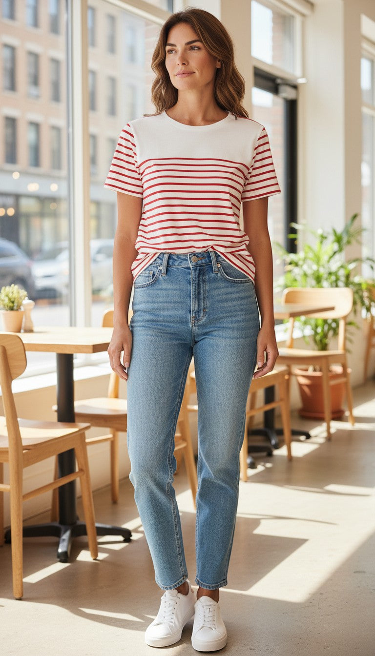 Frippindealz Scottage red and white striped cotton t-shirt with zipper shoulder detail
