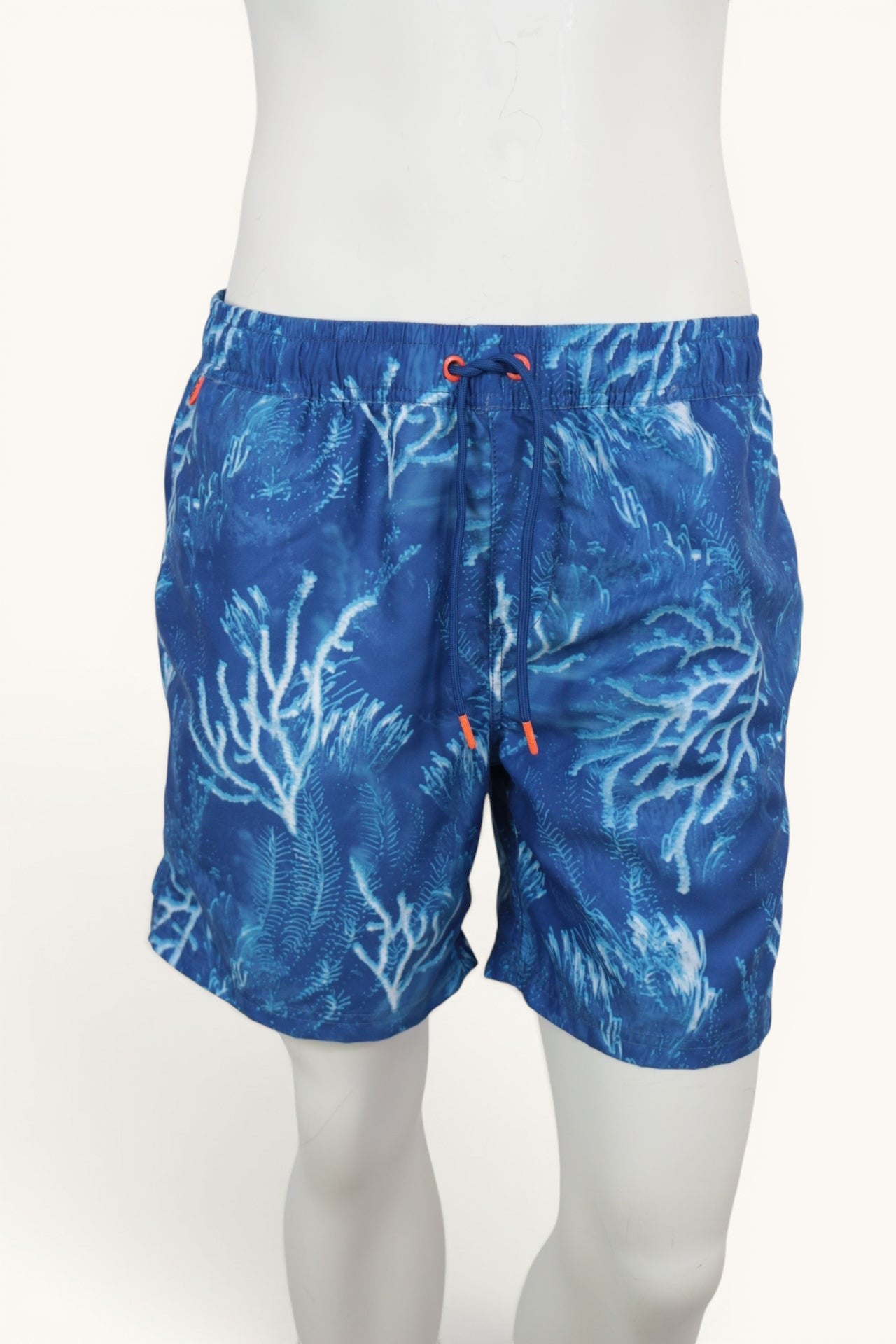 Short de bain Frippindealz Petrol Industries bleu à motif coraux, taille élastiquée avec cordon orange, neuf.