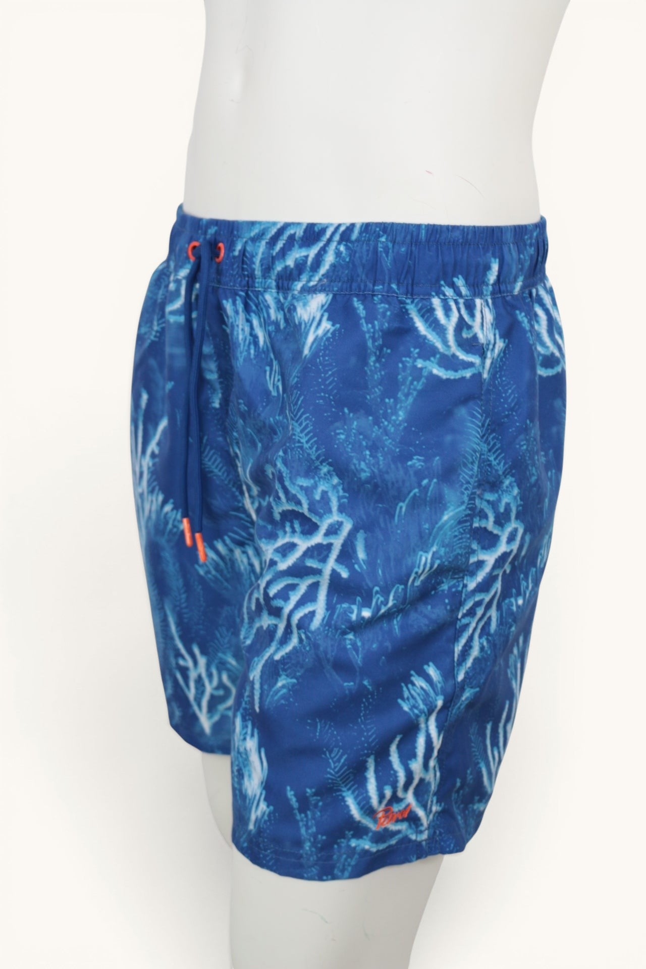 Short de bain Frippindealz Petrol Industries bleu à motif corail, taille élastique et cordon orange, neuf.