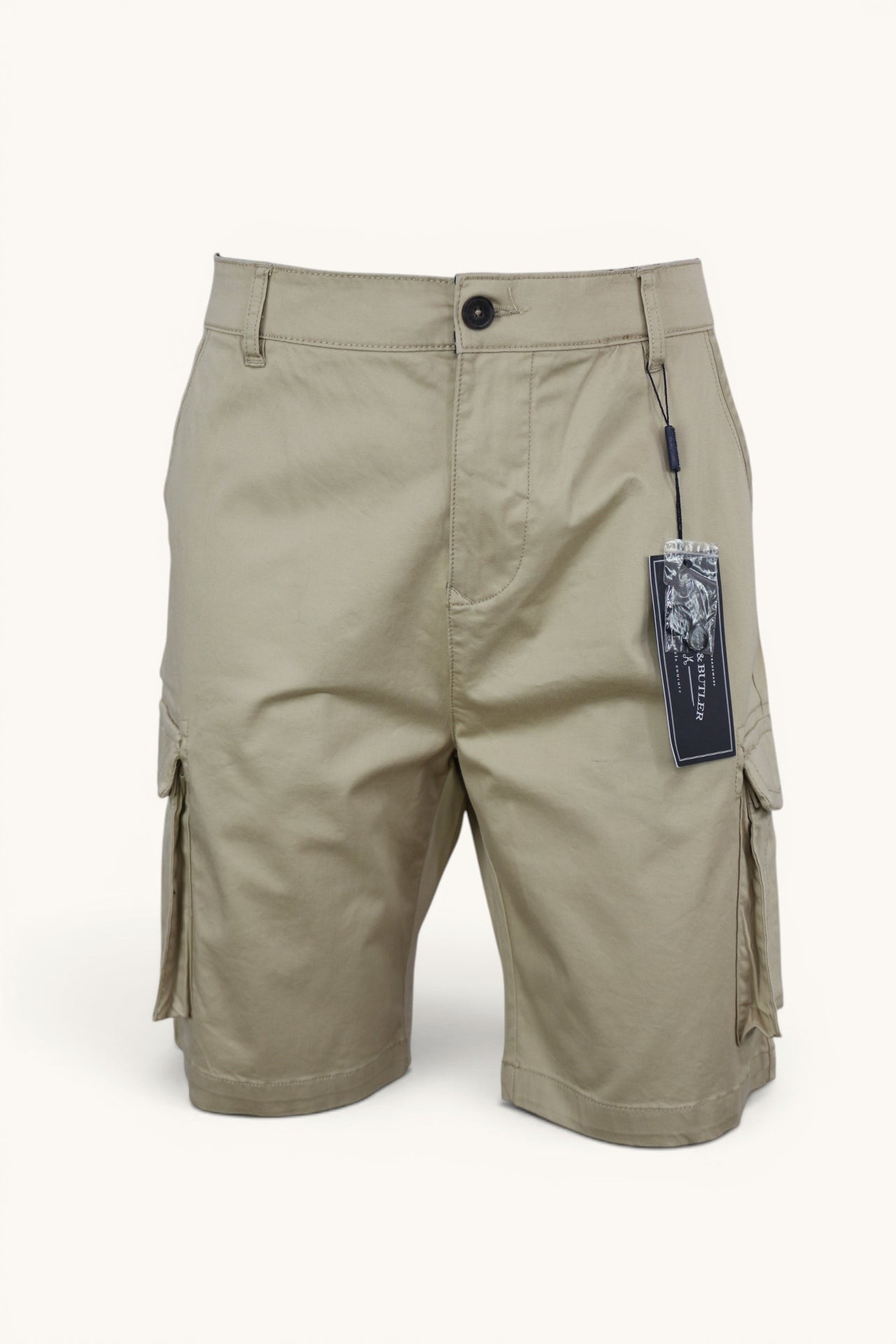 Short cargo beige sable Frippindealz Bruce & Butler en coton stretch, neuf avec étiquette, poches latérales, taille XXL