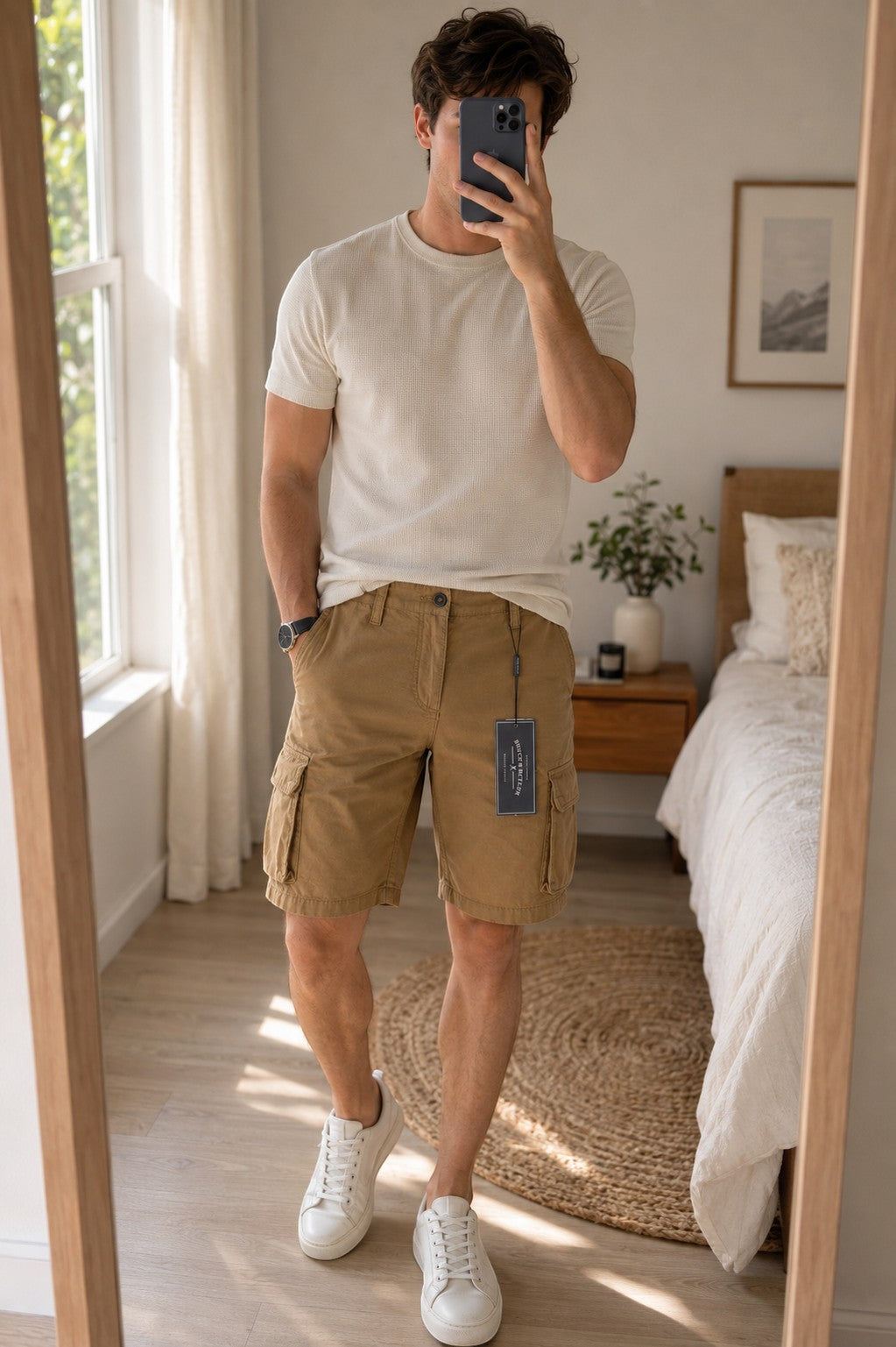 Homme portant un short cargo Bruce & Butler couleur Dark Sand en coton avec étiquette, dans une chambre lumineuse.