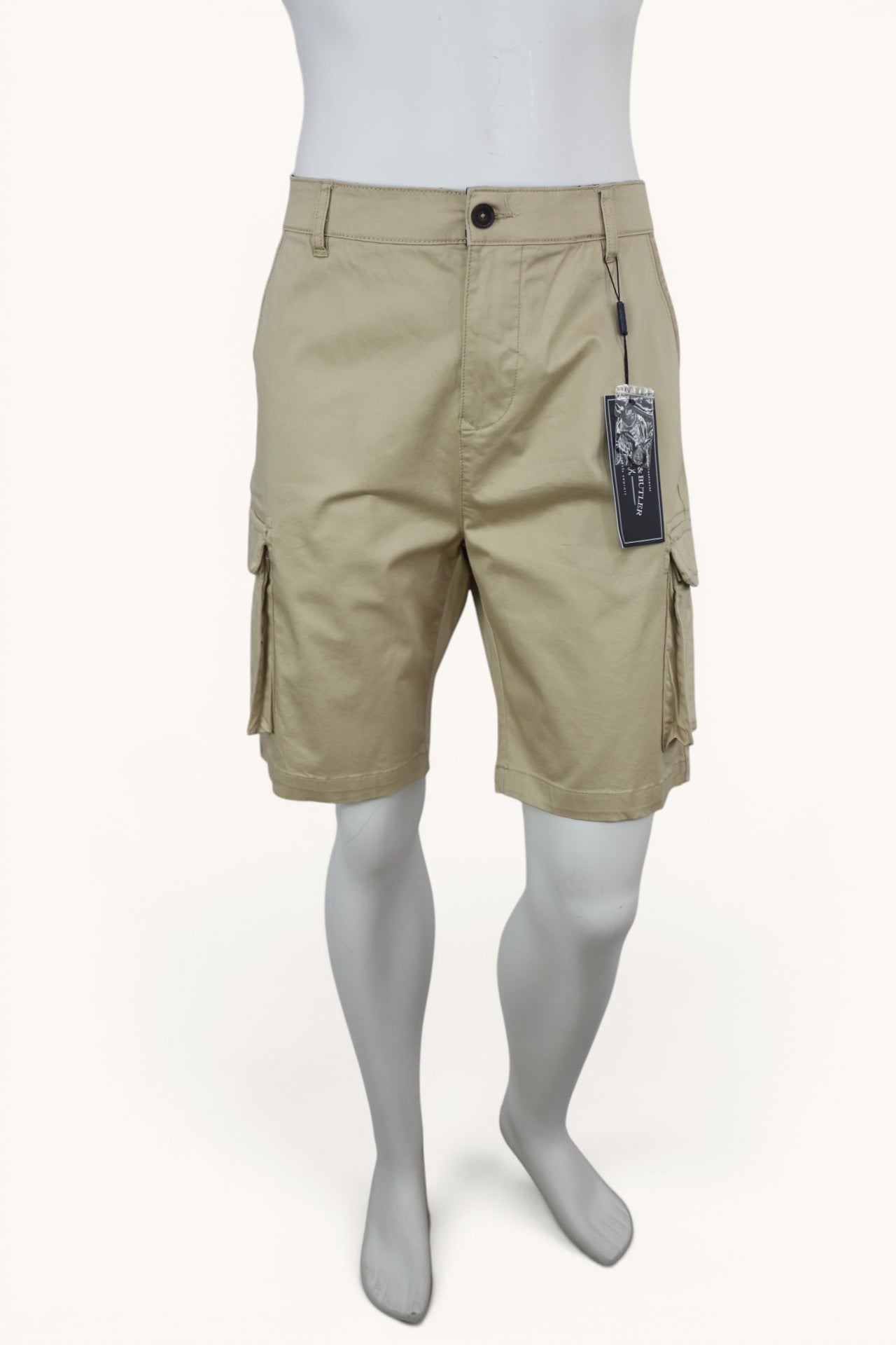 Short cargo beige sable Frippindealz en coton stretch pour homme, neuf avec étiquette, poches latérales et coupe casual.