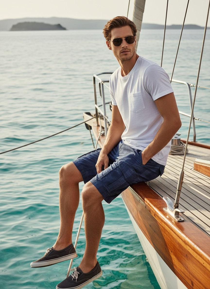Homme portant un short cargo bleu marine à carreaux Frippindealz, style casual sur un voilier en mer.