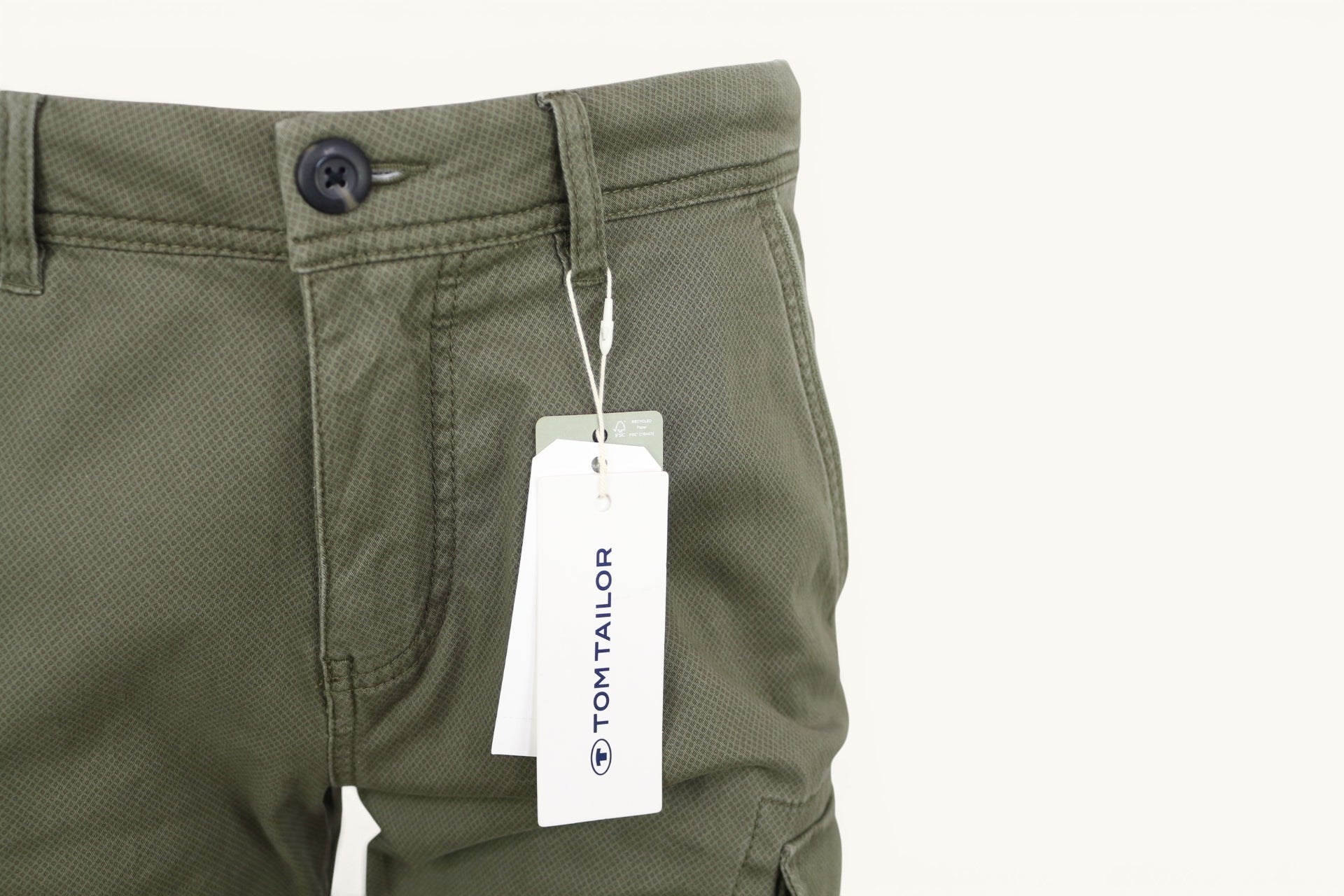 Short cargo homme Frippindealz Tom Tailor vert kaki en coton stretch avec micro-motif et étiquette d'origine