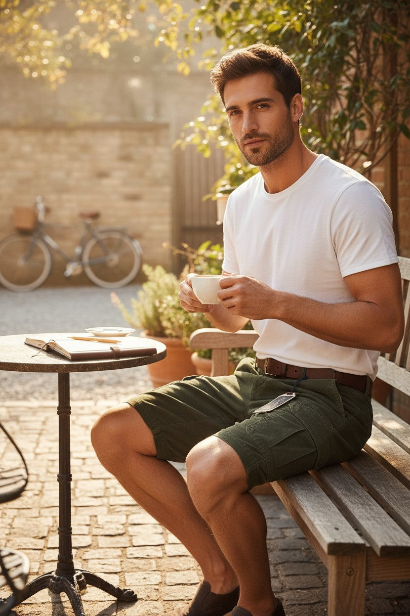 Homme portant un short cargo vert olive Petrol Industries en coton, style casual, chez Frippindealz.