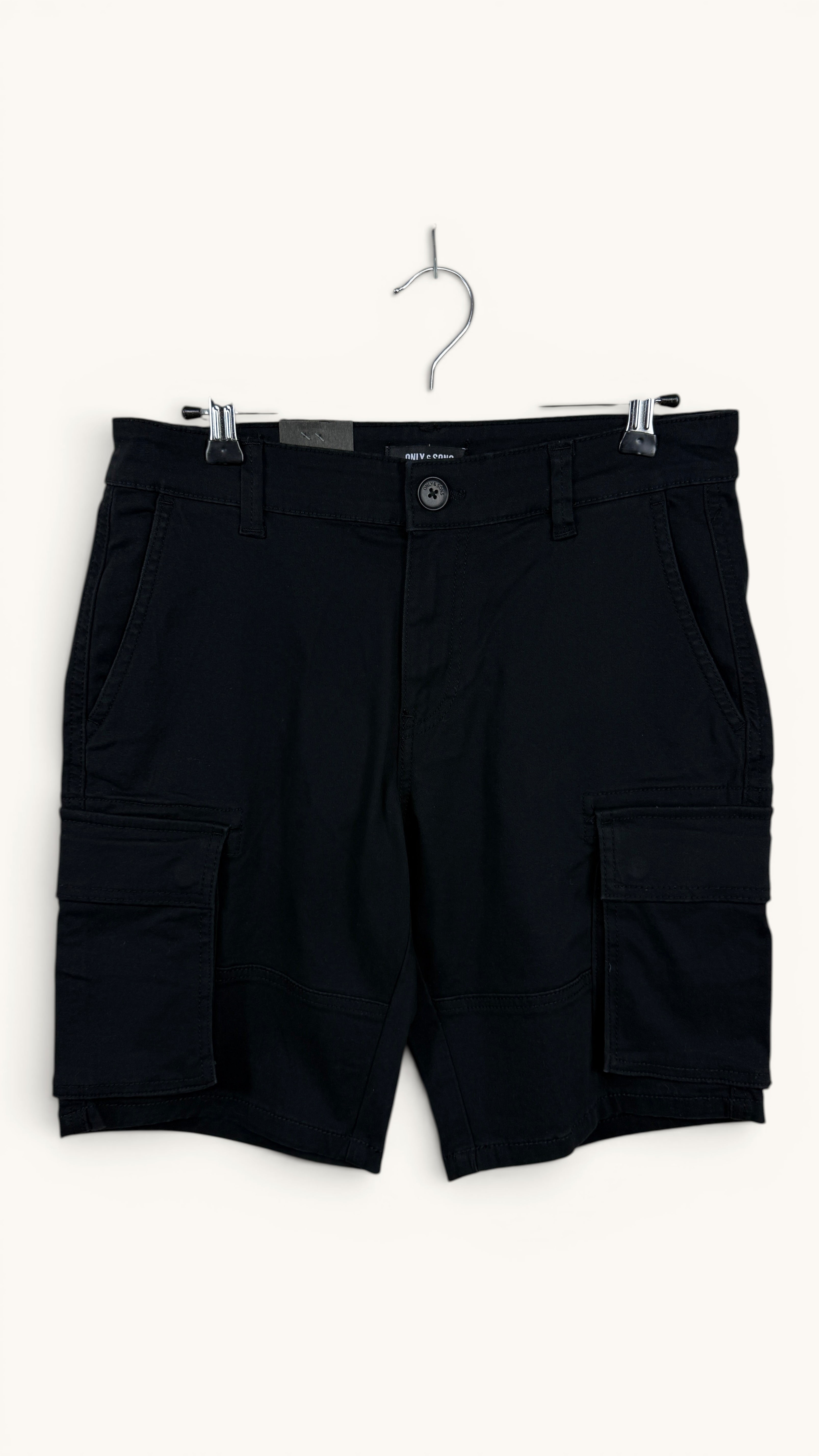 Short cargo noir Frippindealz pour homme en coton stretch avec poches latérales, coupe regular, neuf avec étiquette.