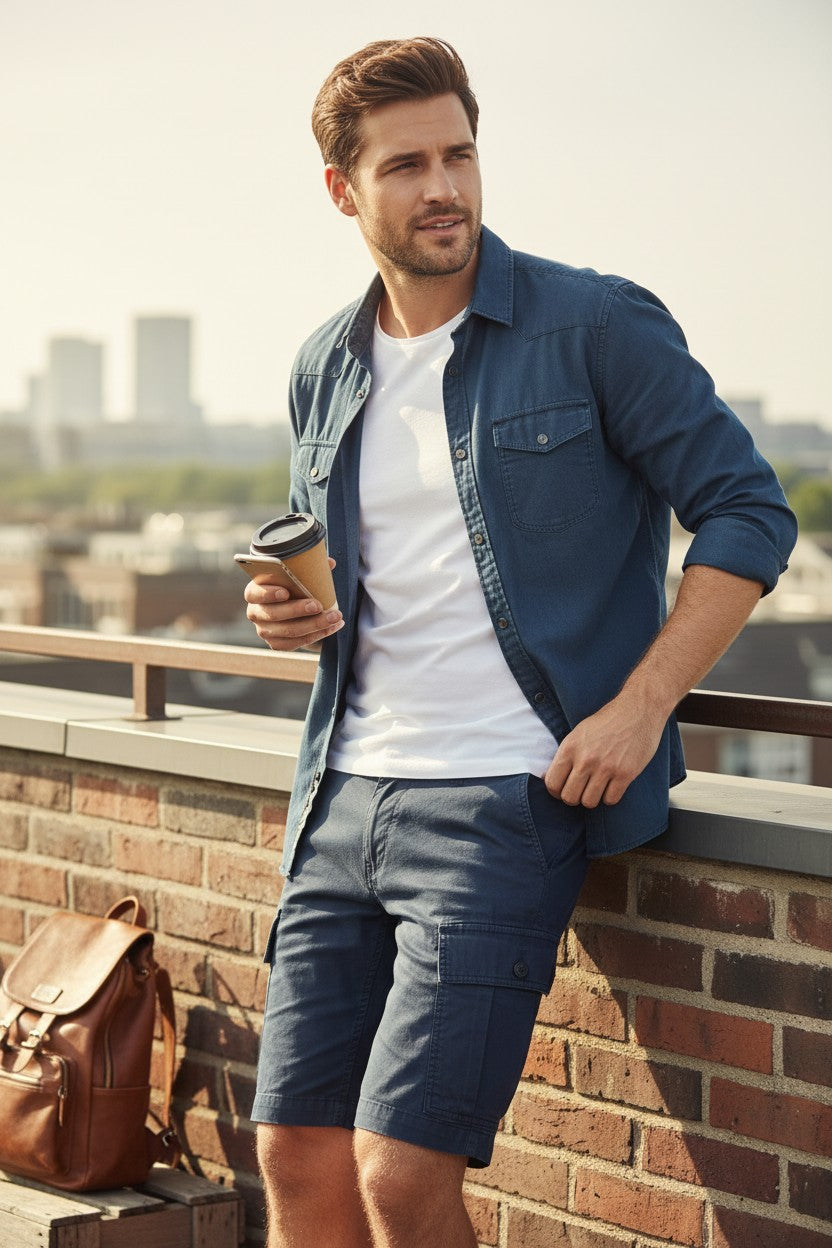 Short cargo homme Frippindealz Petrol Industries bleu nuit en coton, neuf avec étiquette, porté par un mannequin.