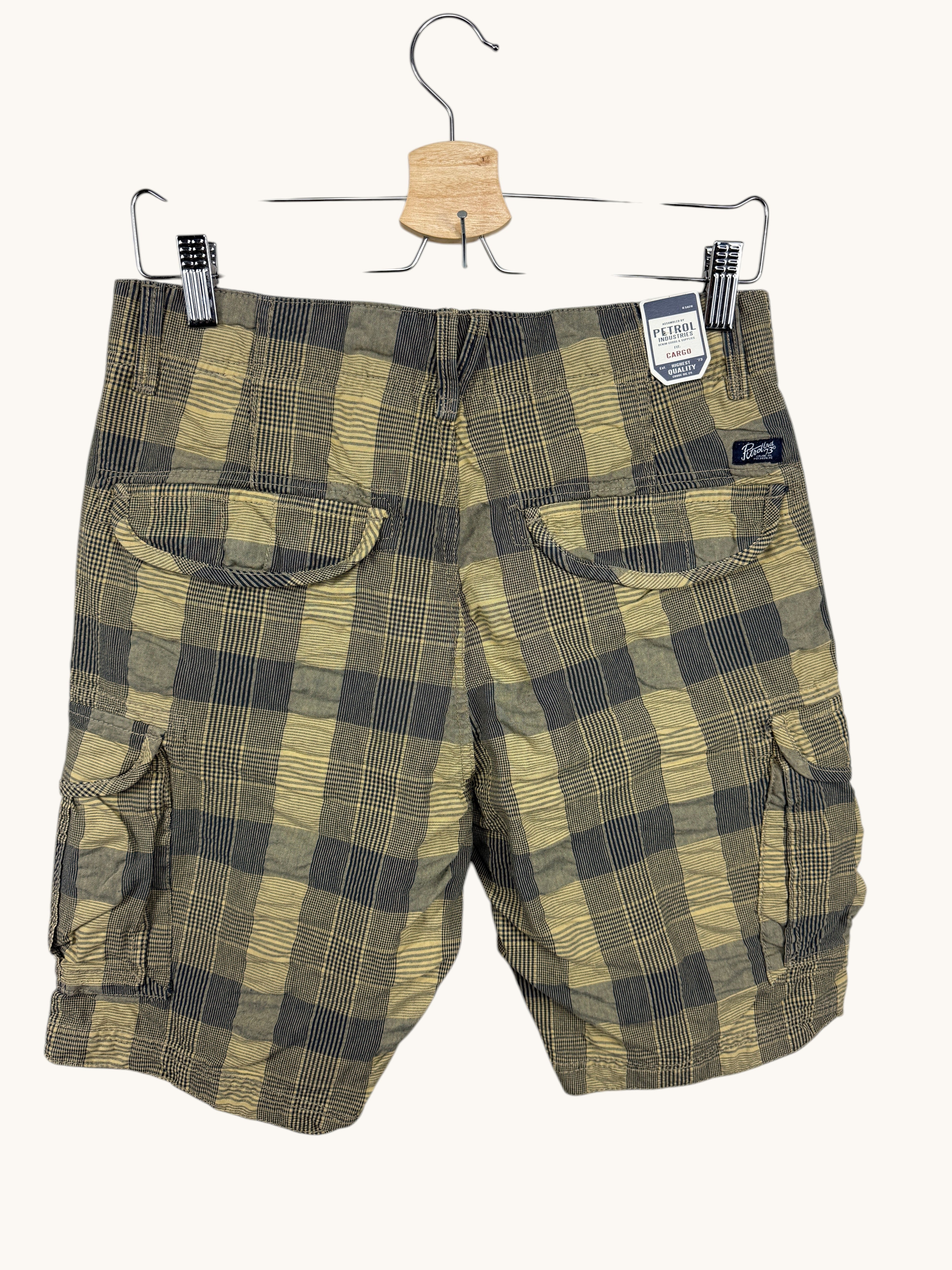 Short cargo Frippindealz Petrol Industries à carreaux beige et noir, coton stretch, poches latérales, neuf avec étiquette