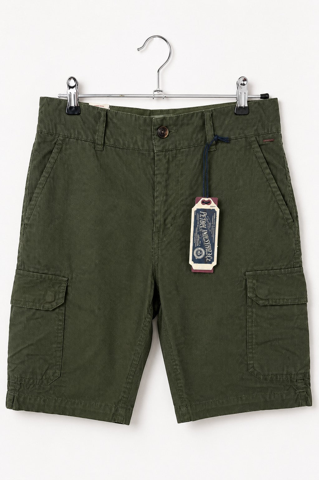 Short cargo Frippindealz Petrol Industries vert olive en coton avec poches latérales, neuf avec étiquette.